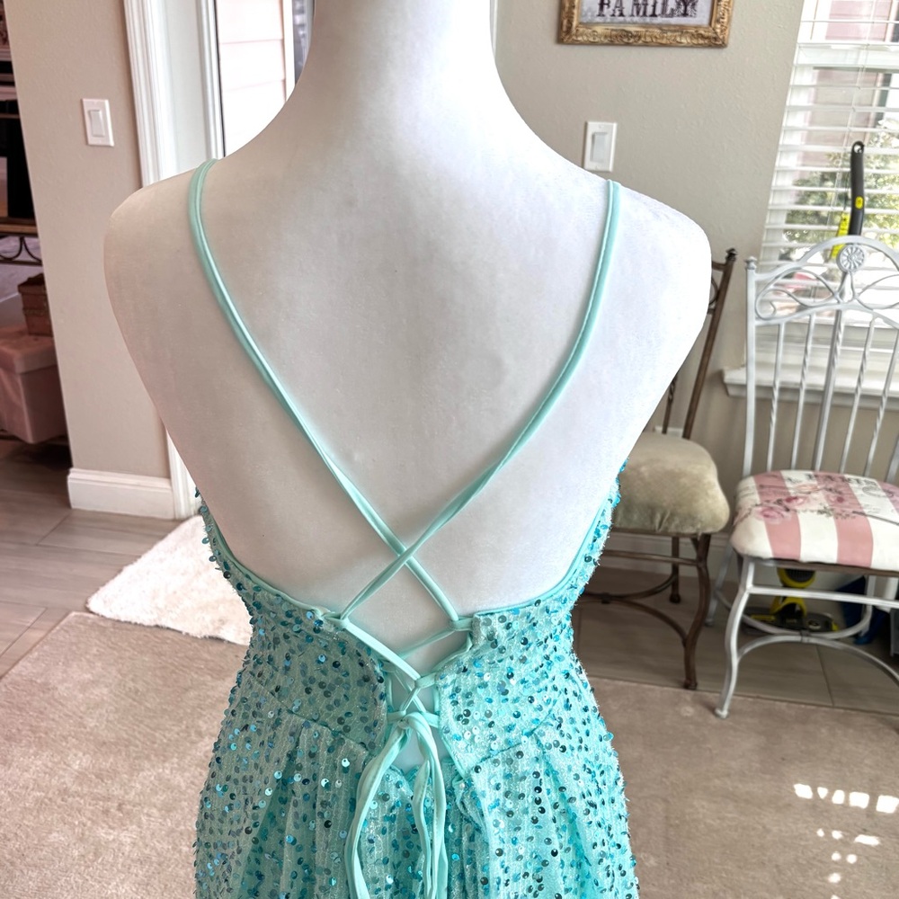 NEW Aqua Dress Cowl Neckline Seafoam Blue Strapless Prom Dress NWOT Size L/12 - Picture 7 of 12